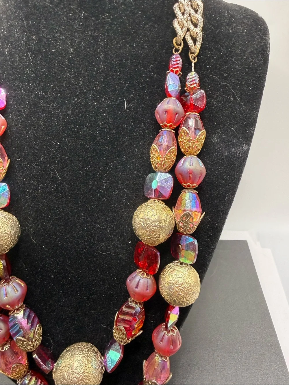 Vintage Signed Hobe Red Aurora Borealis Bead Necklace 18” + Extender
